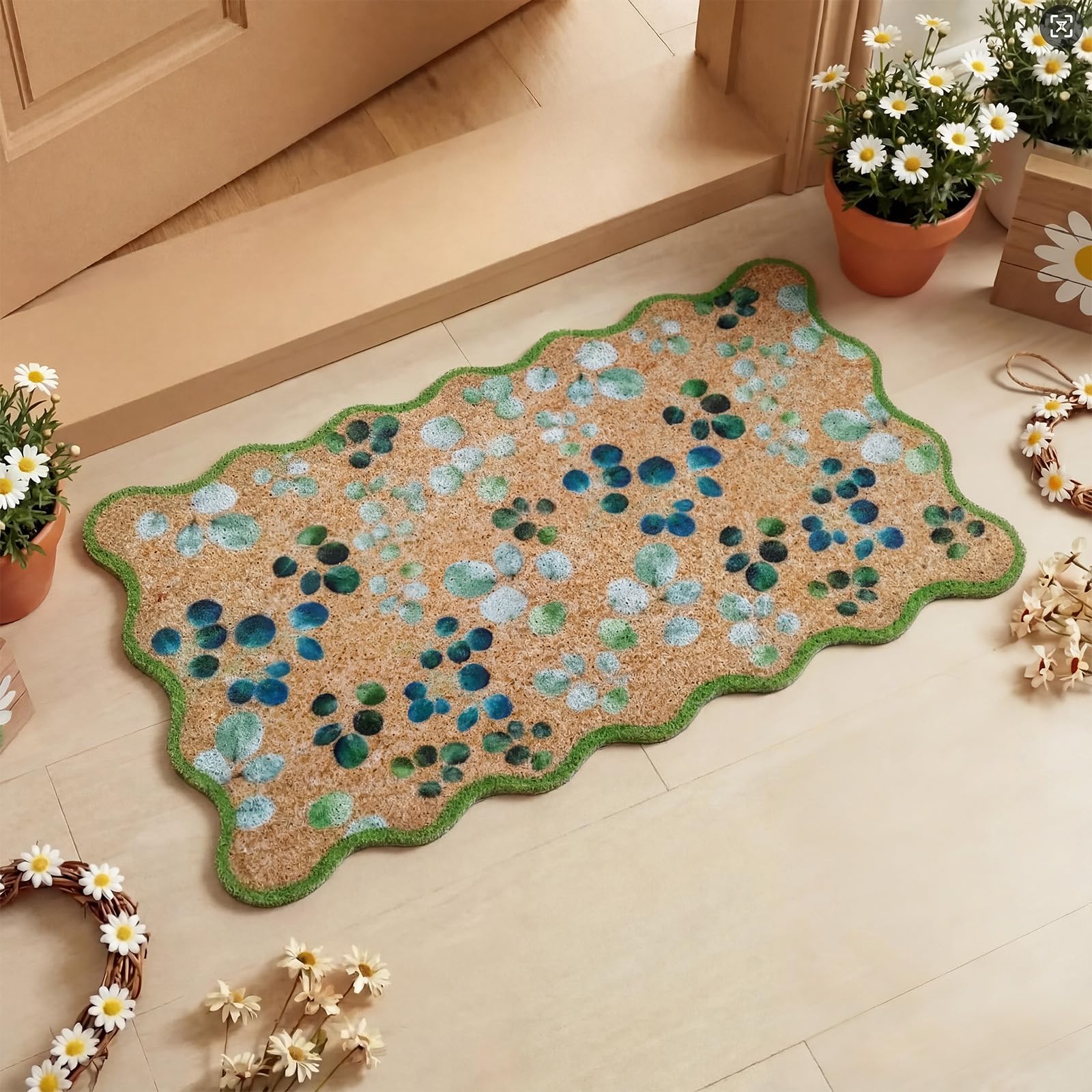 Dunzy eucalyptus leaves doormat with scalloped edge welcomes guests with seasonal charm.