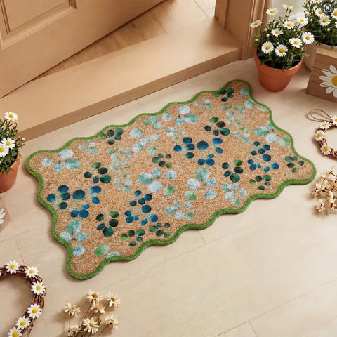 Dunzy eucalyptus leaves doormat with scalloped edge welcomes guests with seasonal charm.