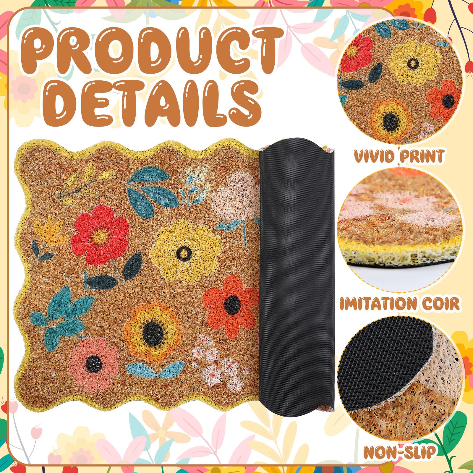 Dunzy faux coir door mat with non-slip rubber backing for stable placement.