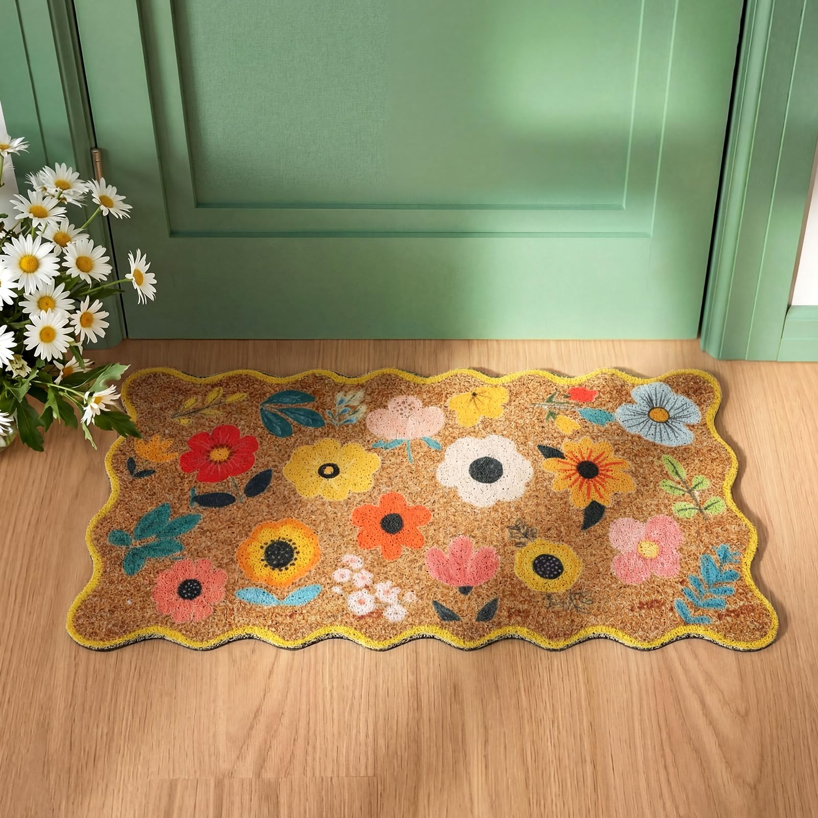 Dunzy floral rug withstands outdoor weather for year-round entry protection.