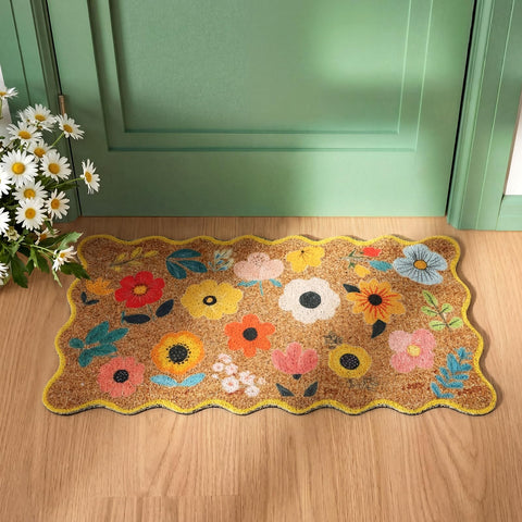 Dunzy floral rug withstands outdoor weather for year-round entry protection.