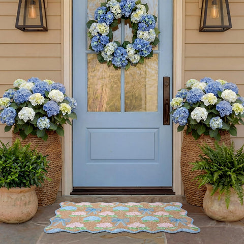 Dunzy floral hydrangea entrance rug creates a warm welcome at home.