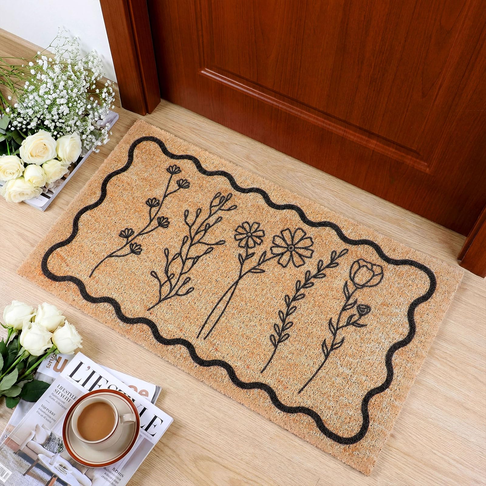 Dunzy Floral Welcome Mat front door with wildflower design and non-slip backing for year-round use.