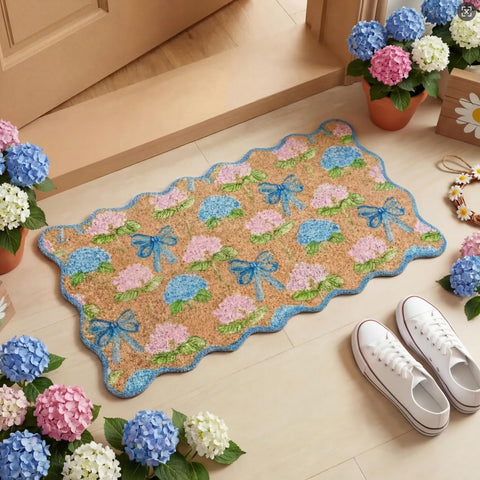 Dunzy hydrangea doormat with blue scalloped pattern welcomes guests while catching dirt.