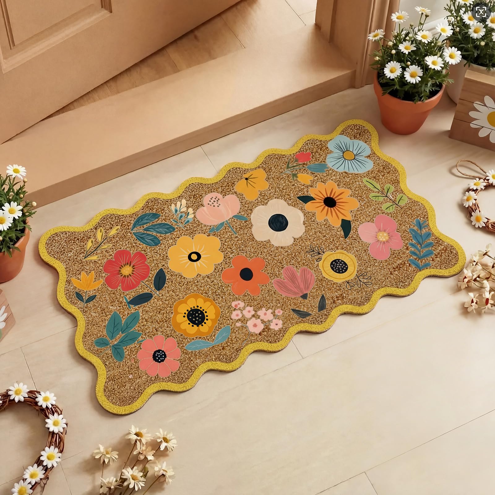 Dunzy spring door mat with colorful floral print traps dust for outdoor entryways.