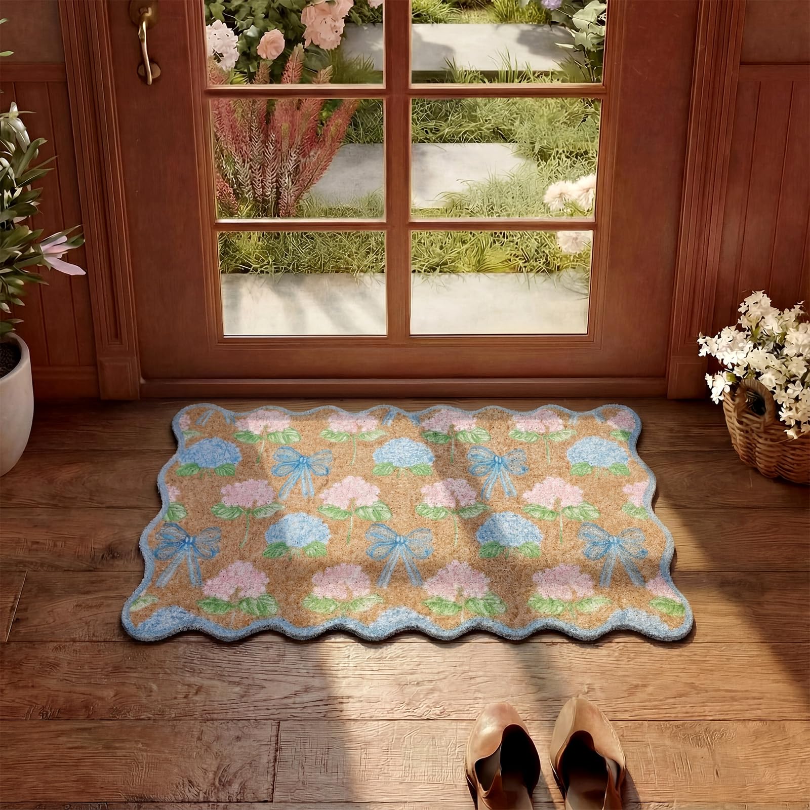 Dunzy spring welcome door mat invites guests with floral elegance.