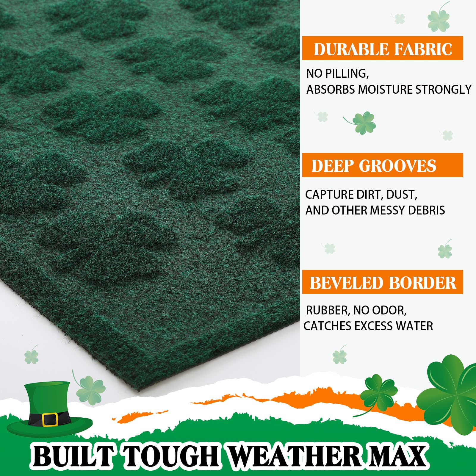 Dunzy shamrock pattern front porch mat with textured surface for weathered entryways
