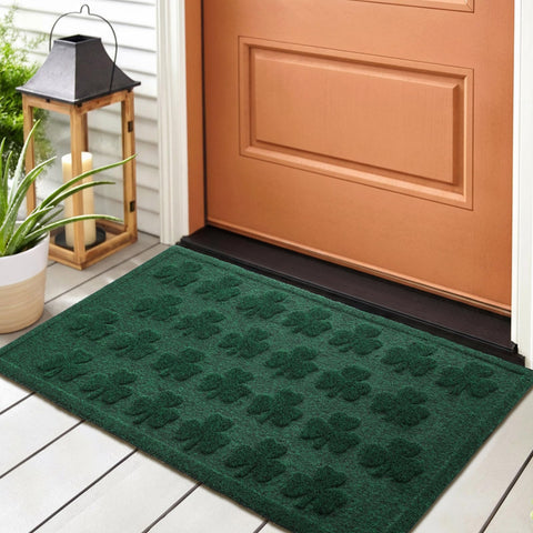 Dunzy St. Patrick's Day front door mat with green clover pattern, festive entrance and guest welcome