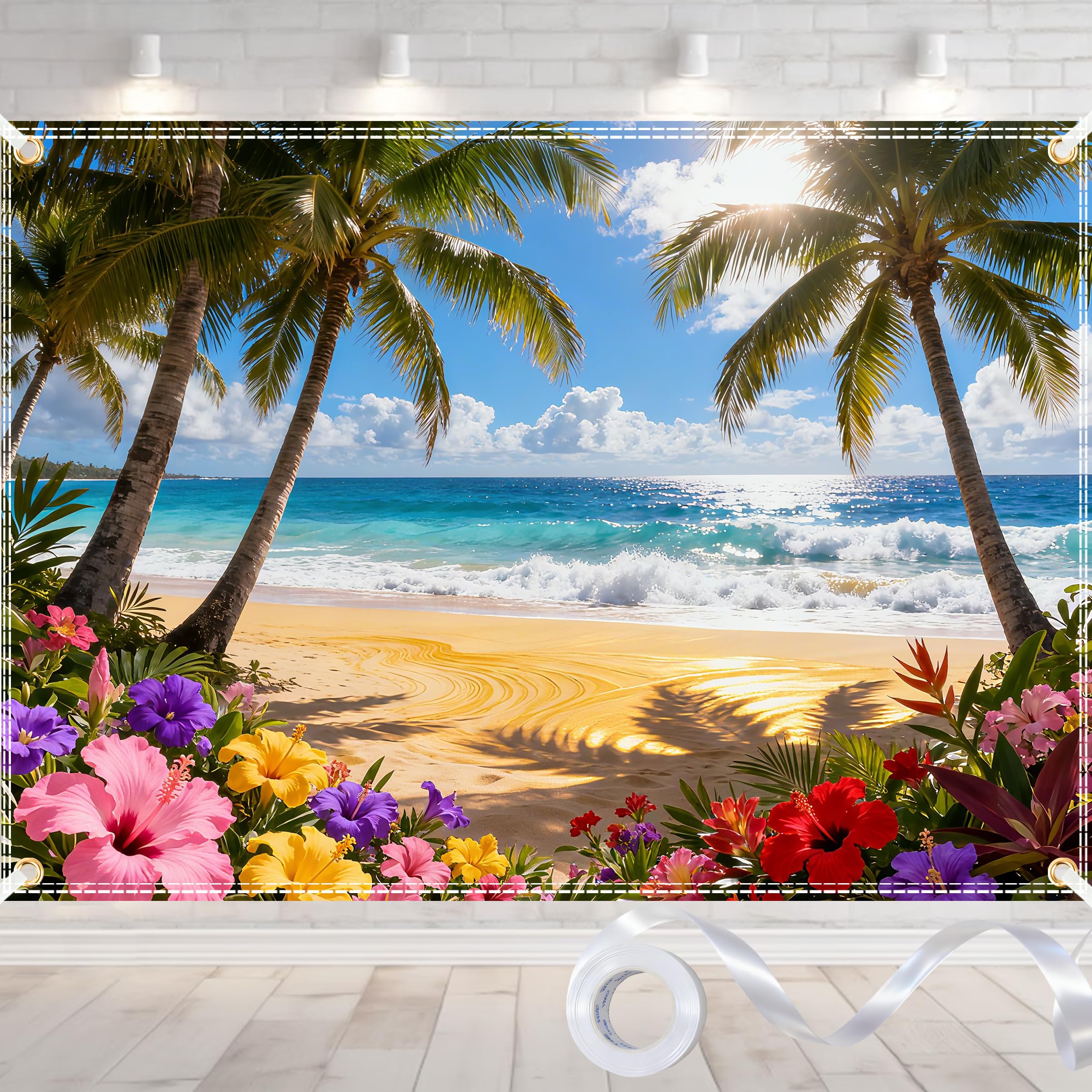 Duoduobuy 7x5ft Hawaiian backdrop with palm leaves for vibrant Luau party photos.