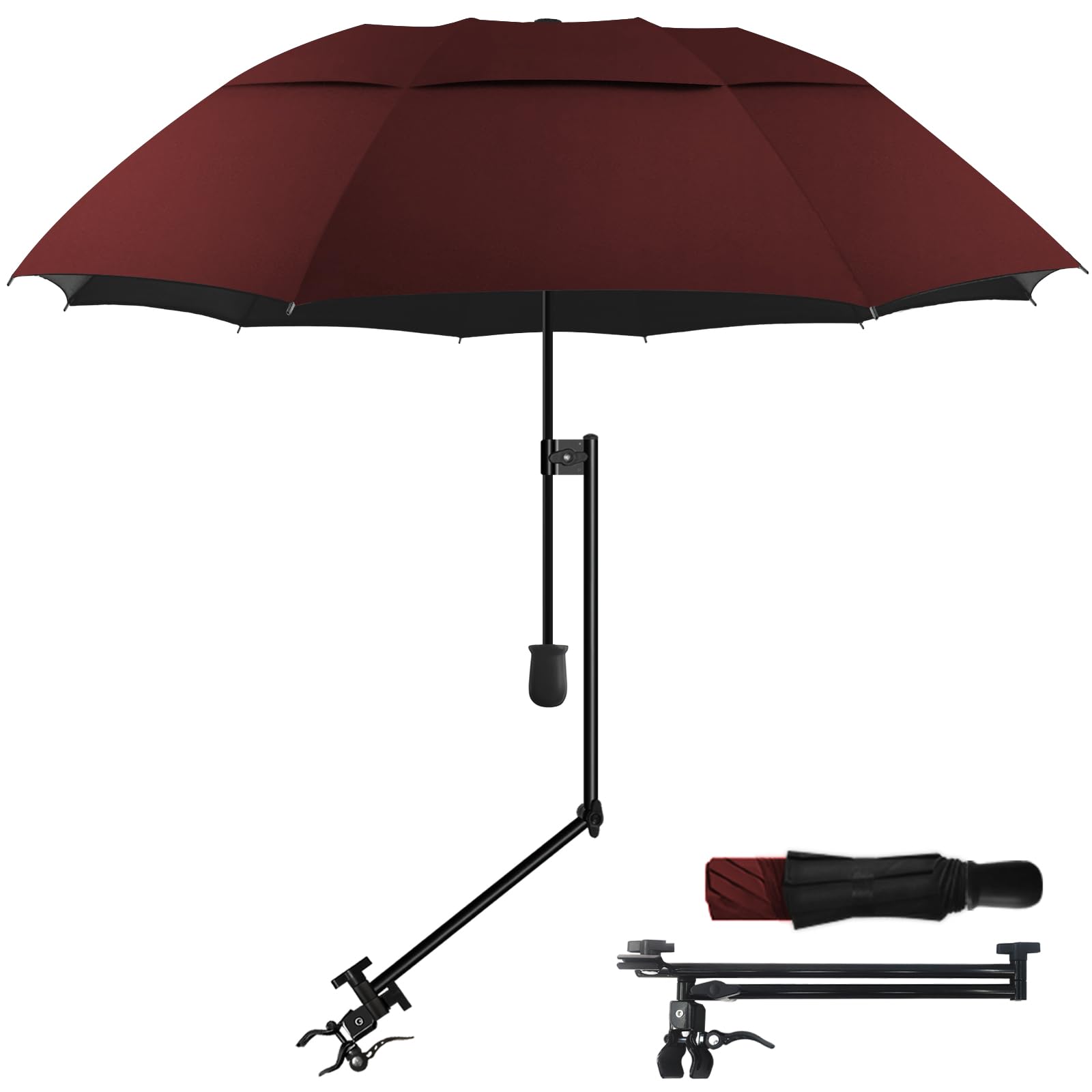 DUOUPA patio umbrella with clamp attachment secures to chair arms for portable shade.