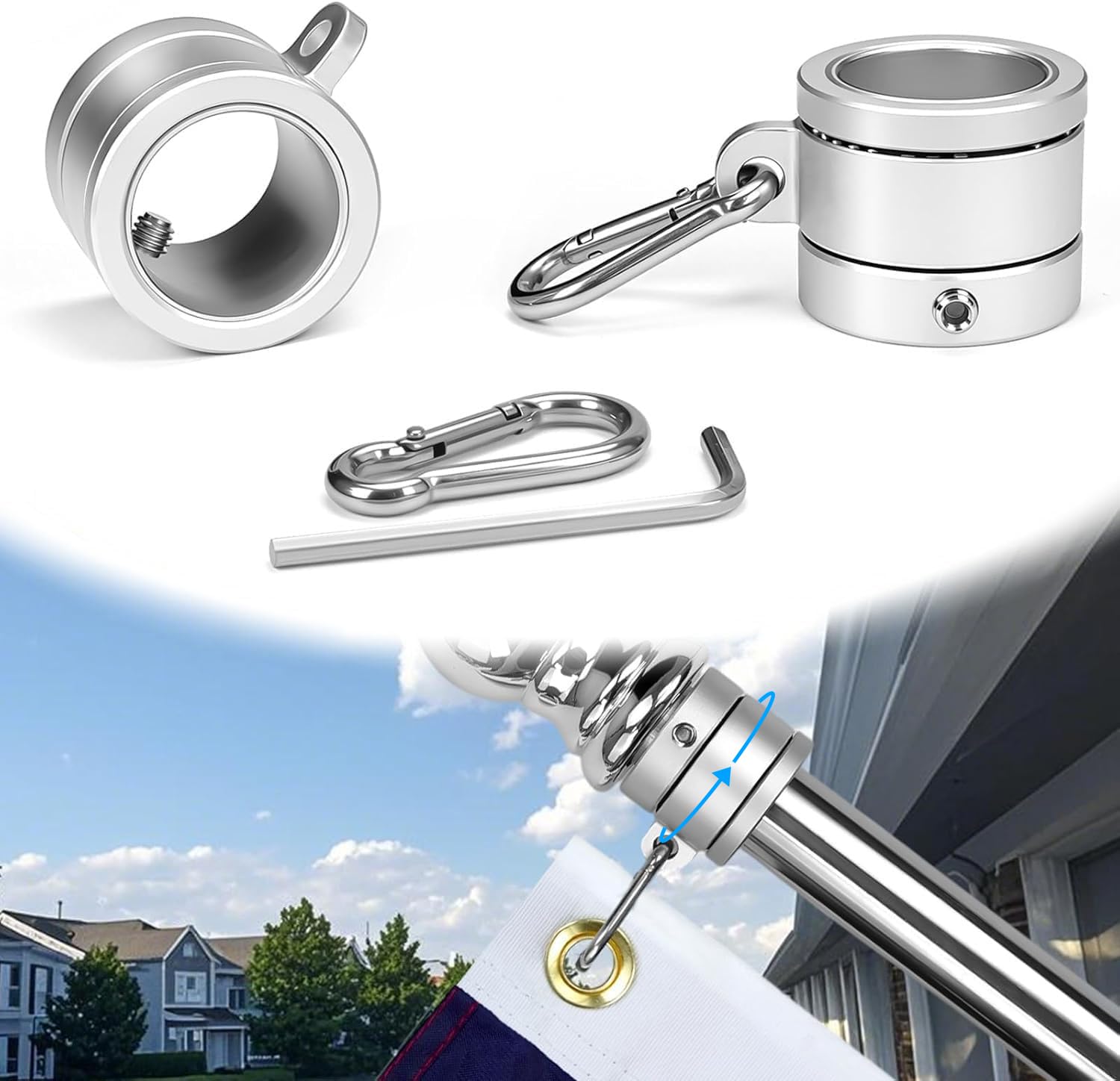 DUPKEV 1in flag pole rings with a clean silver finish for smooth 360-degree rotation.