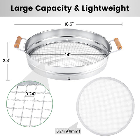 Durable yard tool: stainless steel sifter with solid wood handle.