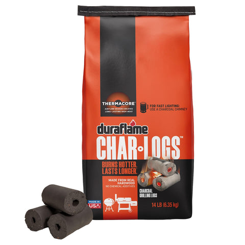 Duraflame Char-Logs 14 lb bag exterior highlights premium hardwood blend for authentic grilling flavor.