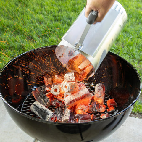 Duraflame Char-Logs 14 lb glowing on grill demonstrates high heat and quick searing.