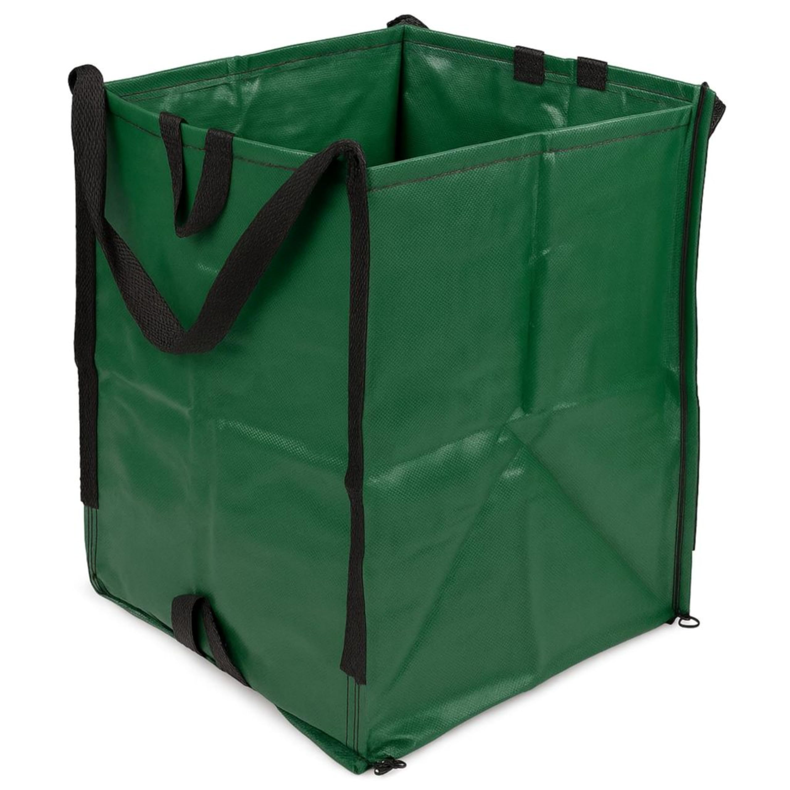 DURASACK heavy-duty bag open-stand in green, ready for yard waste collection.