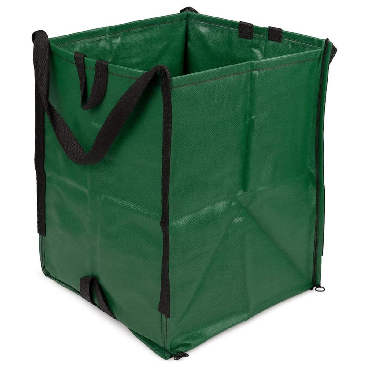 DURASACK heavy-duty bag open-stand in green, ready for yard waste collection.