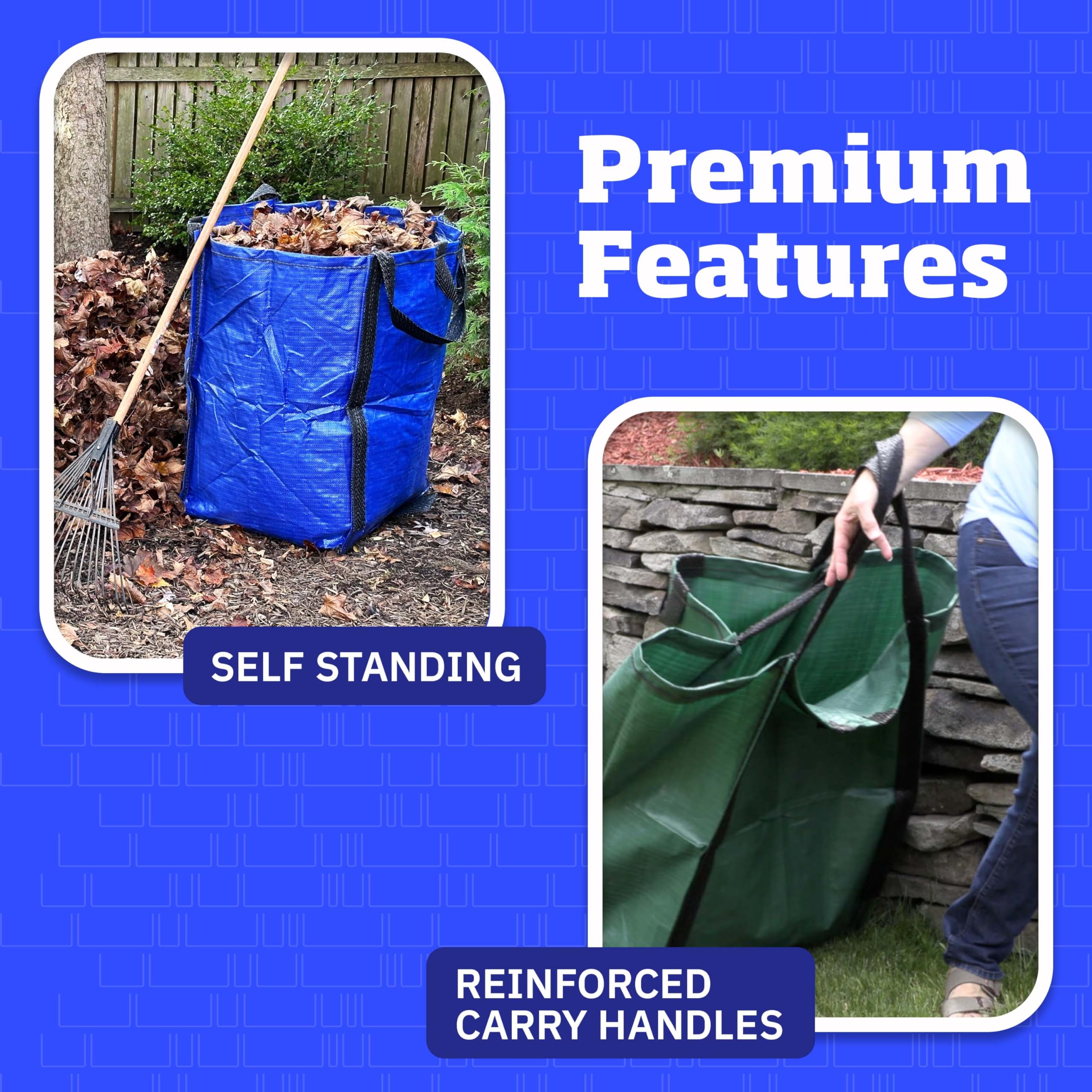 DURASACK open dimensions 20x20x28 inches for large yard tasks.