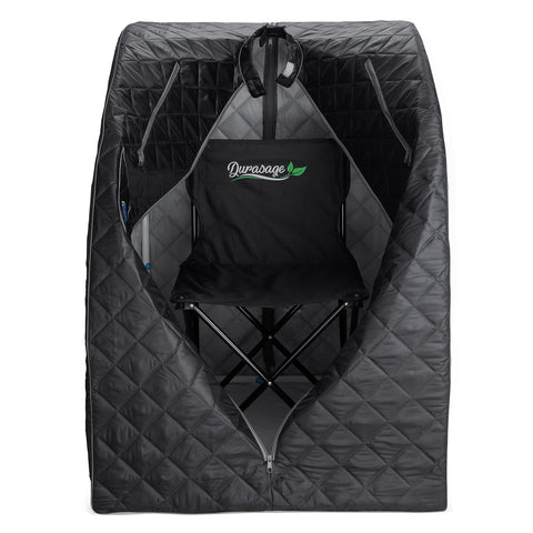 Durasage foldable sauna chair included provides comfortable seating during sessions.