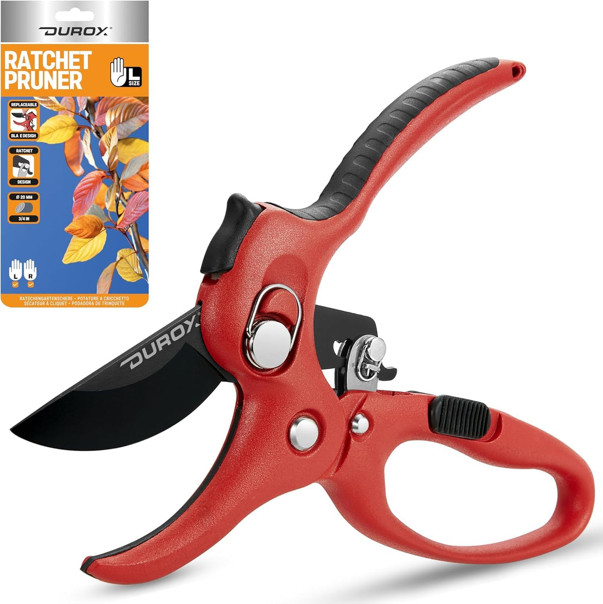DuroX ratchet pruning shears demonstrating 3x cutting power for tough branches.