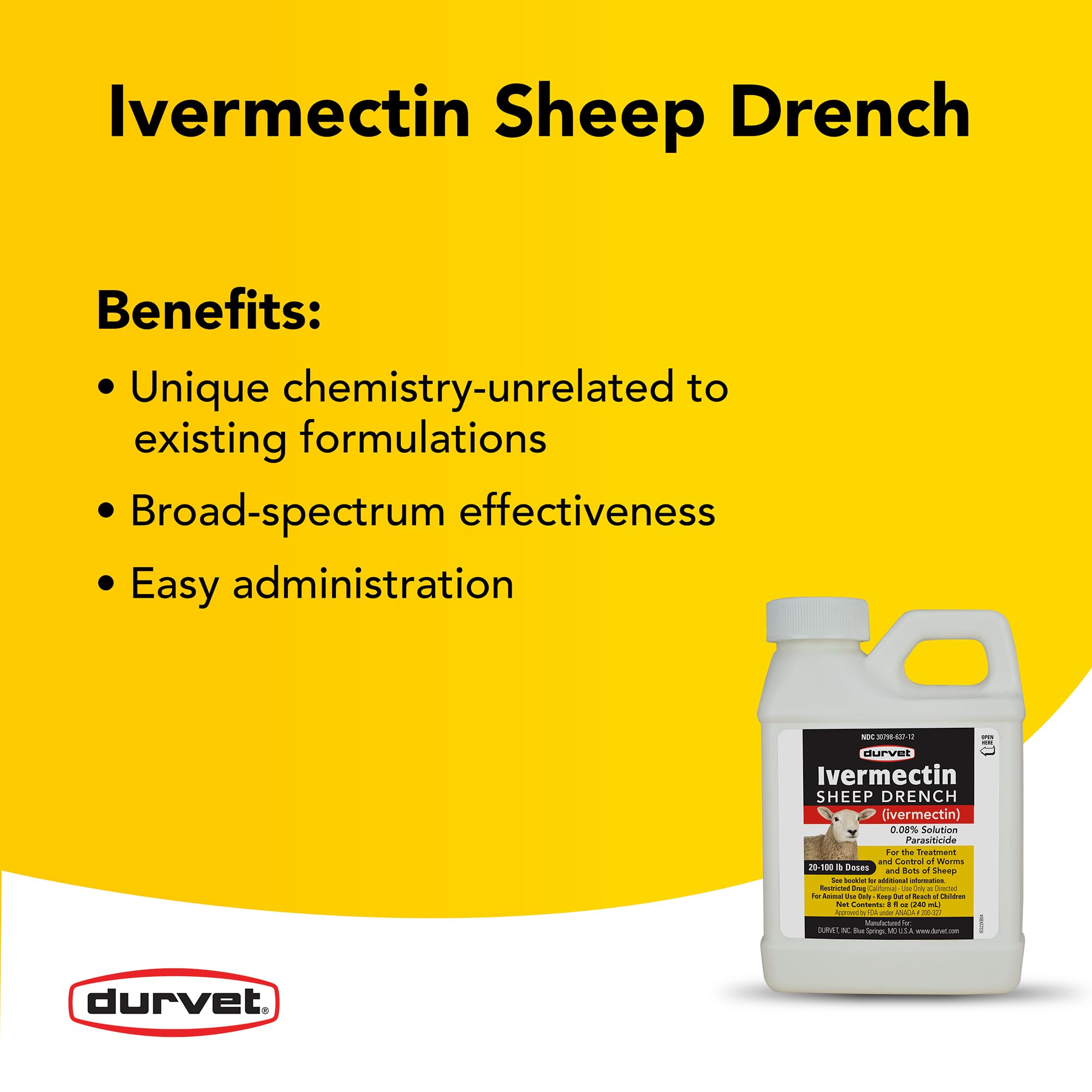Dosing action with Durvet Sheep Drench supports treatment of larval parasites.