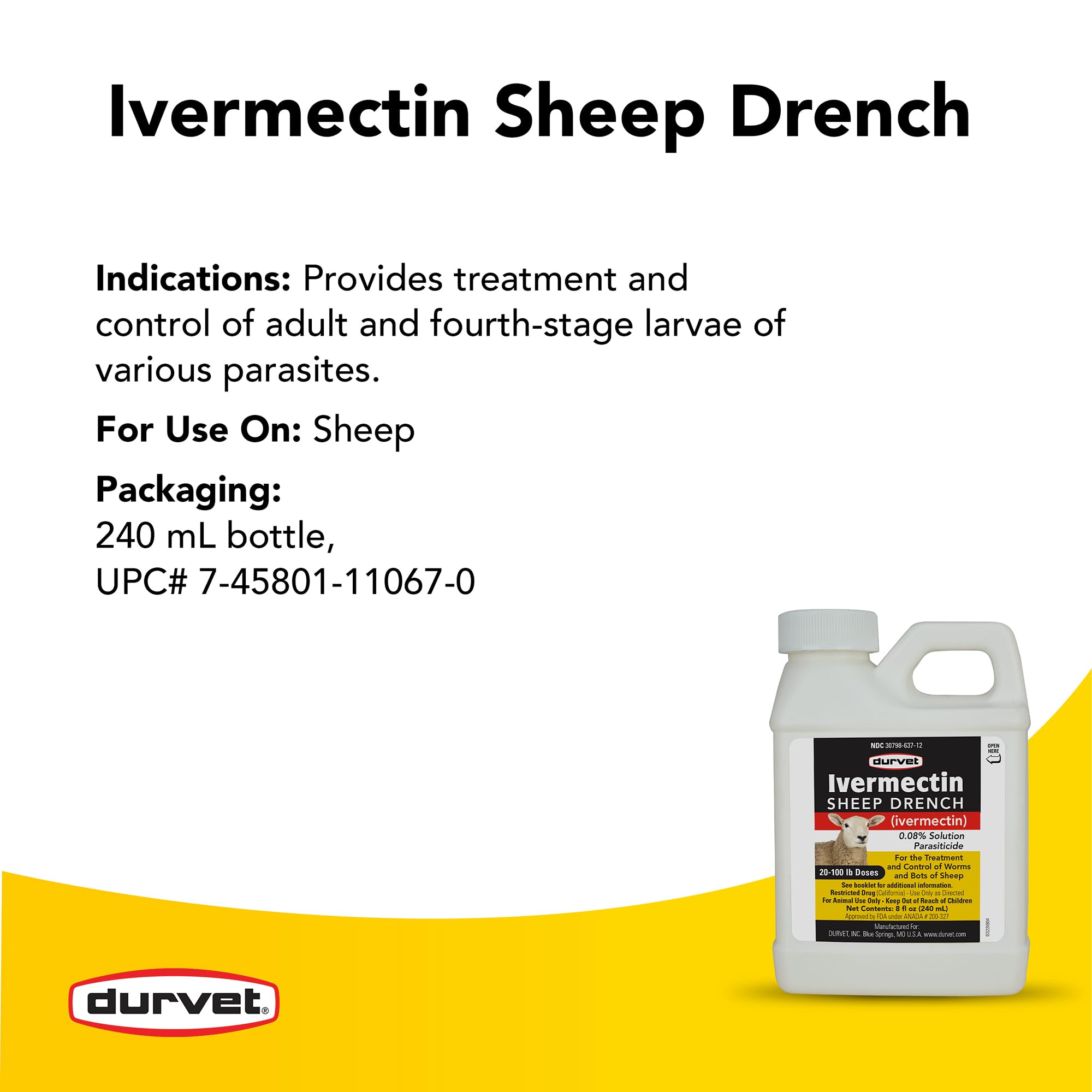 Close-up label of Durvet Ivermectin Sheep Drench indicating usage and strength.