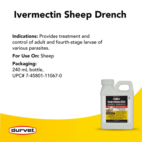 Close-up label of Durvet Ivermectin Sheep Drench indicating usage and strength.