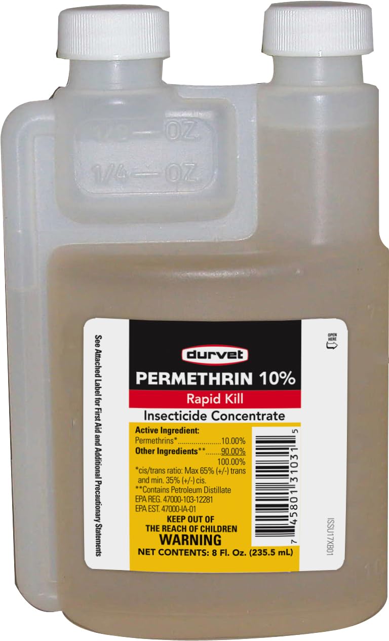 Durvet Permethrin 10% 8oz bottle front view, ready for livestock protection.