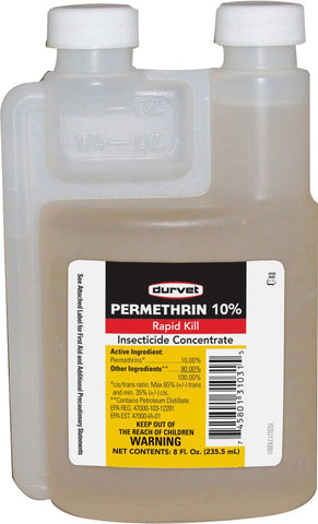 Durvet Permethrin 10% 8oz bottle front view, ready for livestock protection.