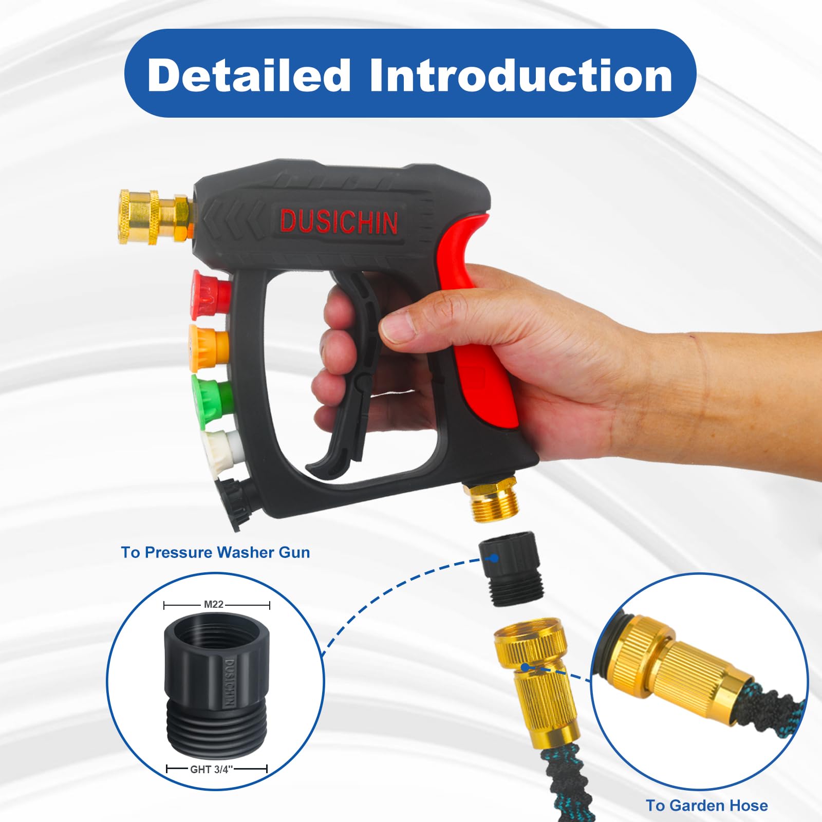 DUSICHIN 3-4 GHT female thread joins garden hose for secure attachment.
