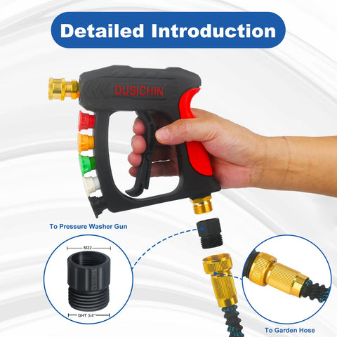 DUSICHIN 3-4 GHT female thread joins garden hose for secure attachment.