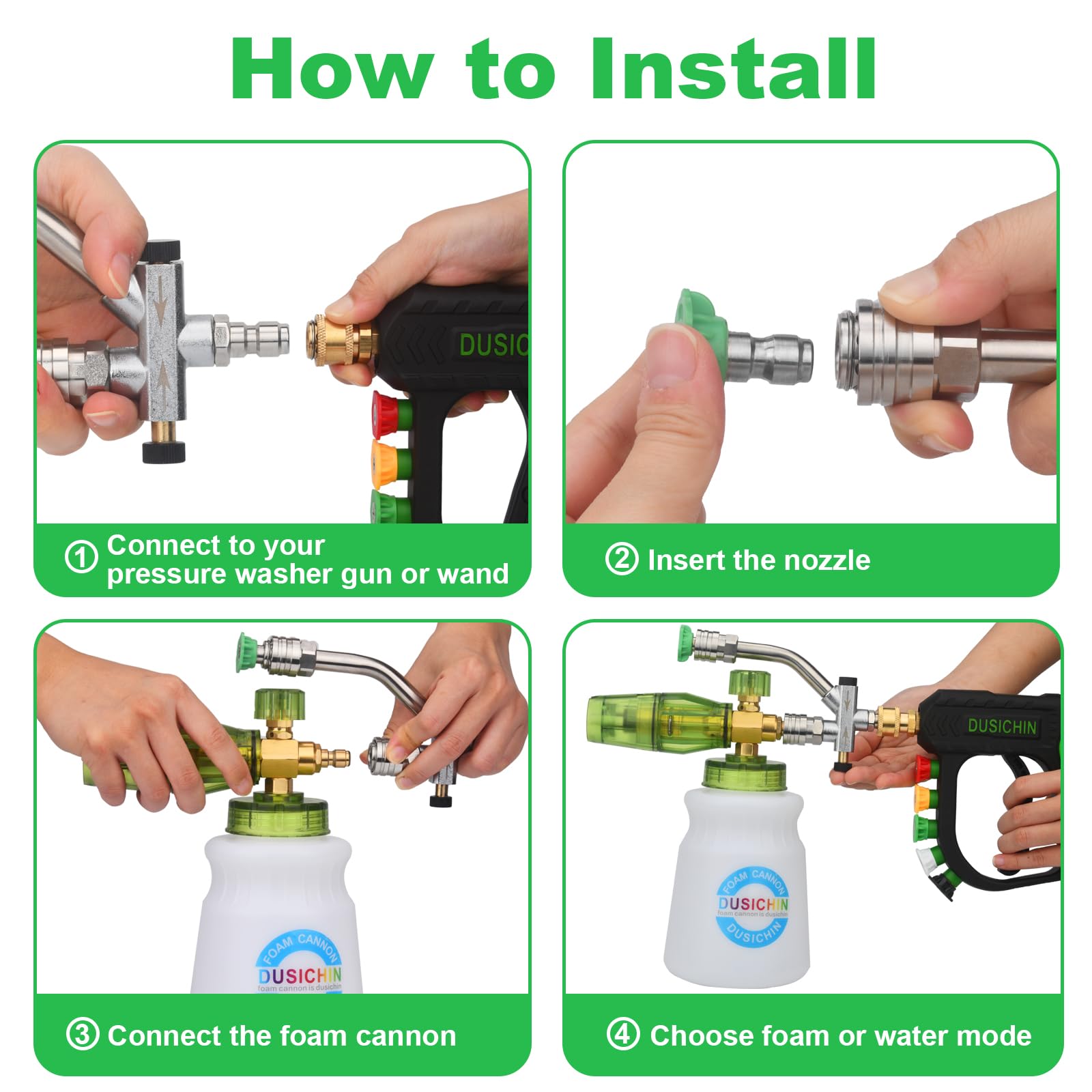 DUSICHIN 3/8 quick-connect adapter simplifies wand compatibility.
