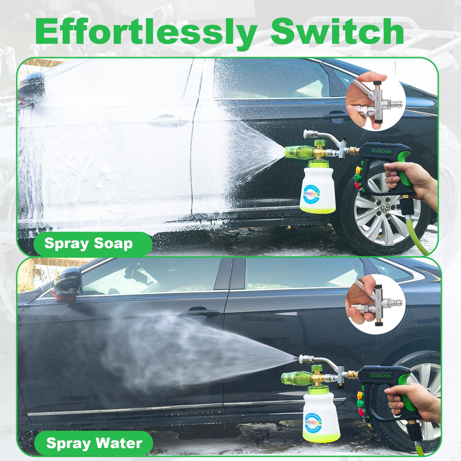 DUSICHIN dual-connector wand enables seamless foam and water switching.
