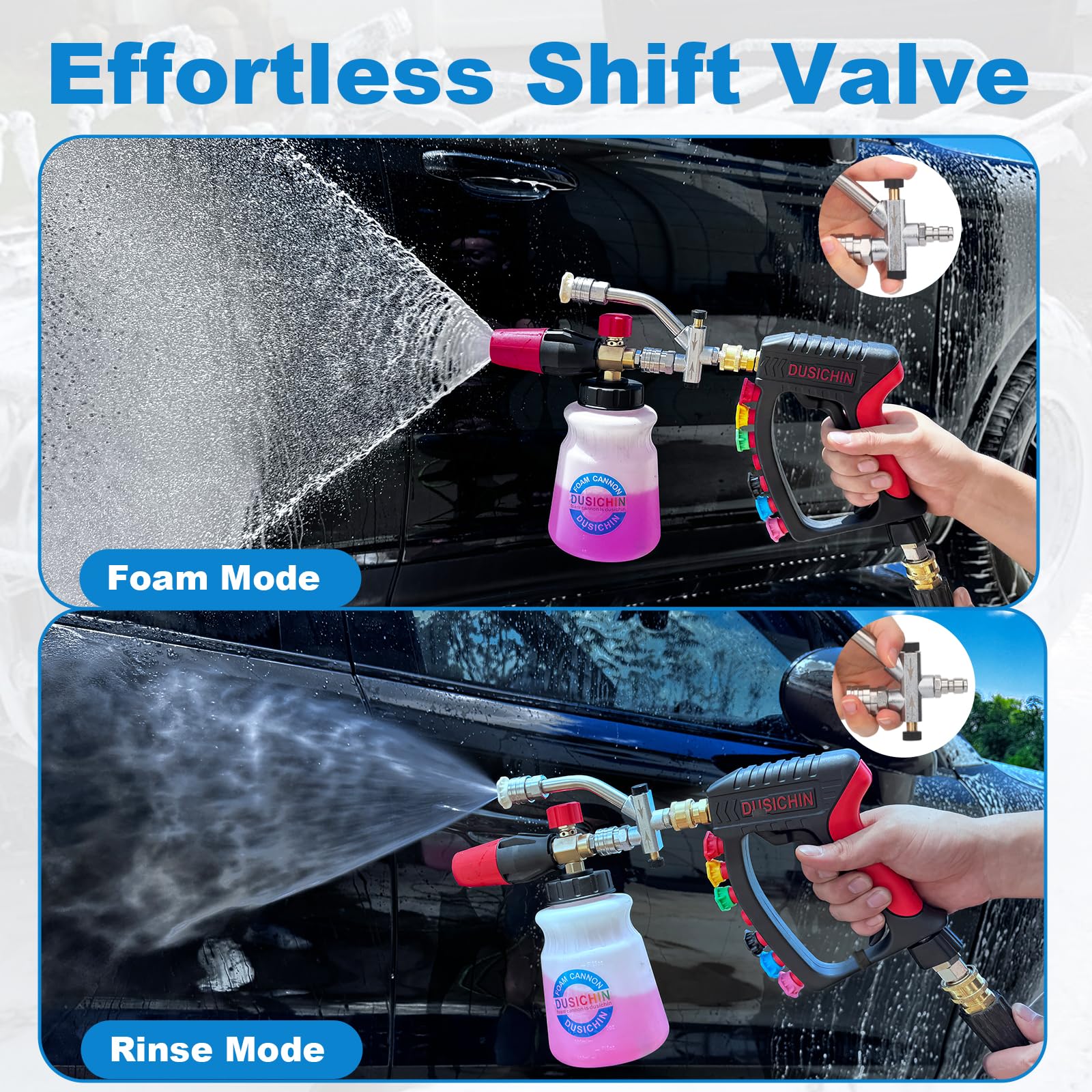 DUSICHIN dual-ended shift valve for quick foam or rinse mode switching