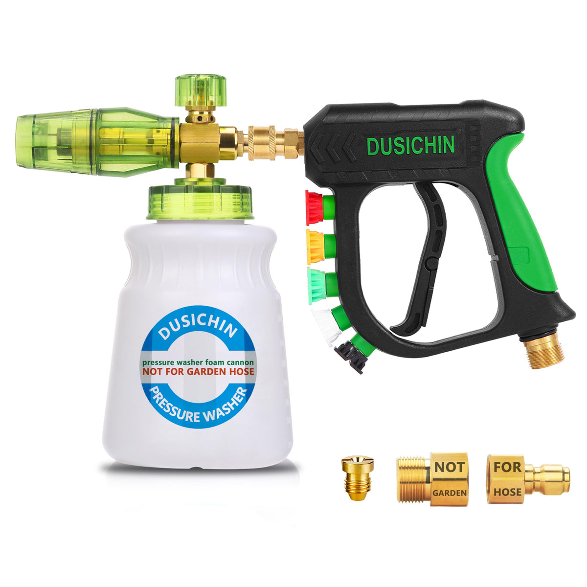 Dusichin foam cannon attached to a pressure washer for a deep car wash.