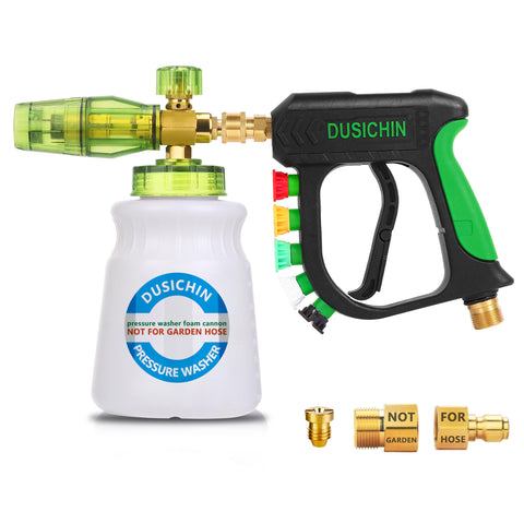 Dusichin foam cannon attached to a pressure washer for a deep car wash.