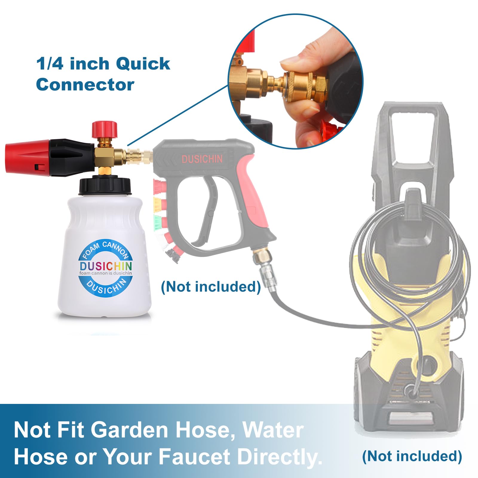 Dusichin foam cannon works with most pressure washers.