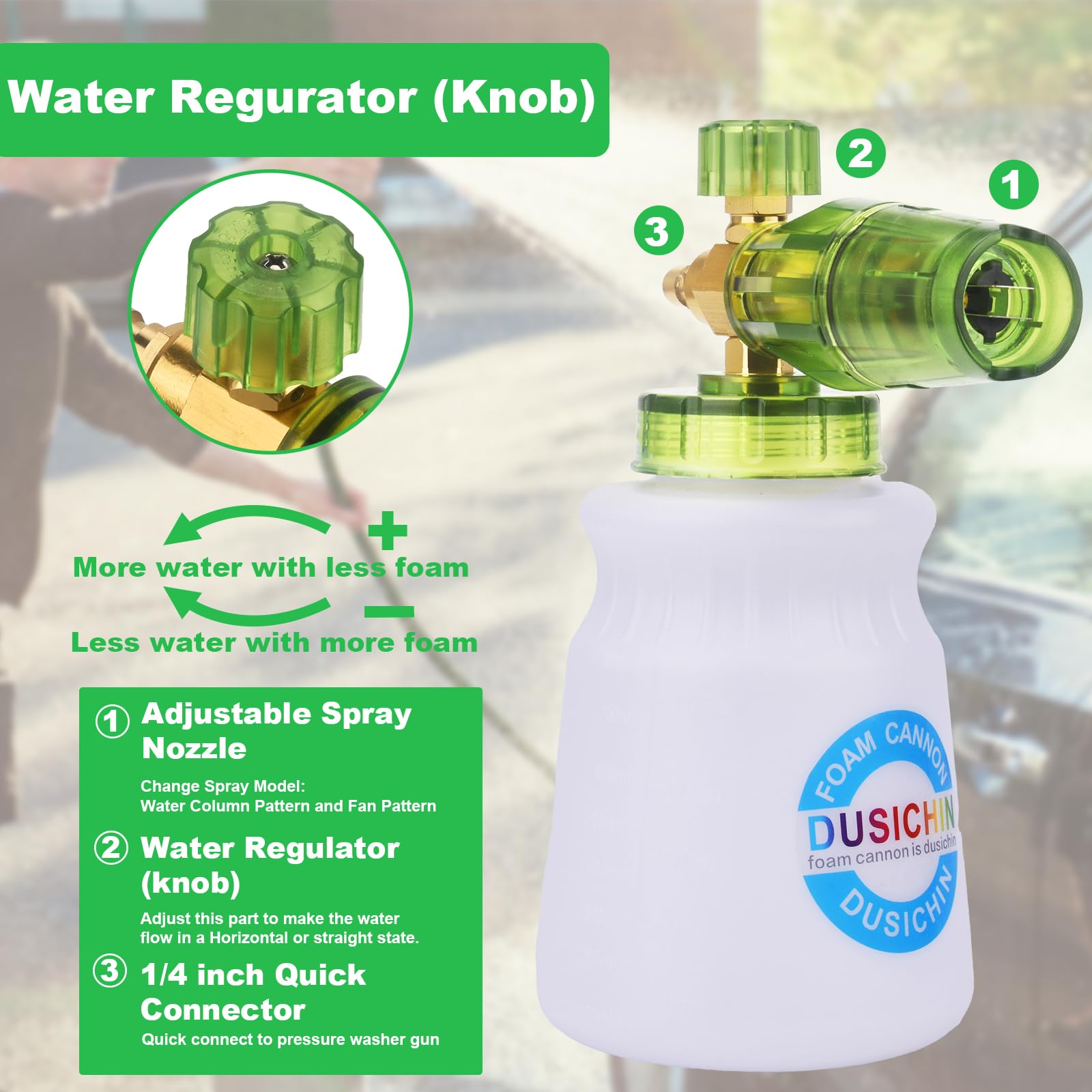 Dusichin nozzle tips enable tailored spray angles for various surfaces.