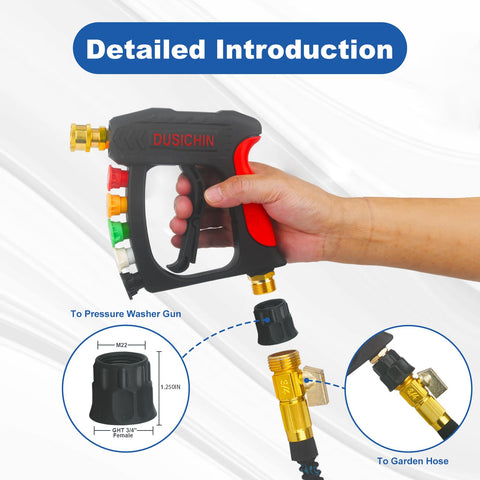 DUSICHIN pressure washer gun adapter enabling quick wand-to-hose setup.