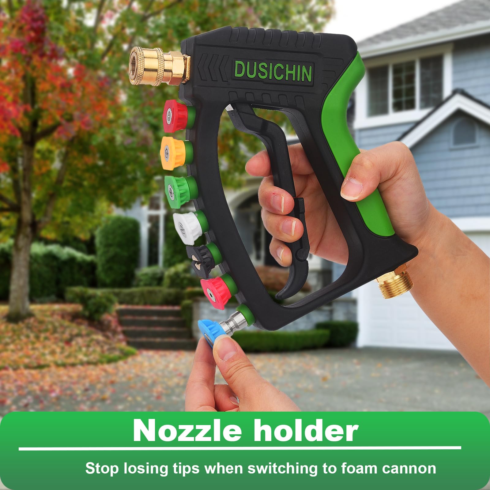 Dusichin tip storage highlights convenient storage for seven nozzle tips.