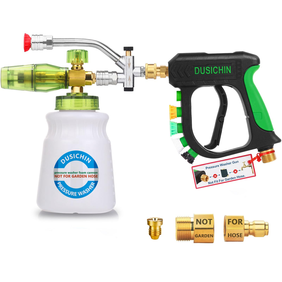 DUSICHIN wide-neck foam cannon for easy soap loading and thick car foam.
