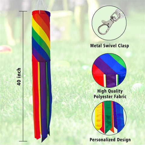Dusnodu Spiral Rainbow Windsock close-up shows six colored tails fluttering in the breeze