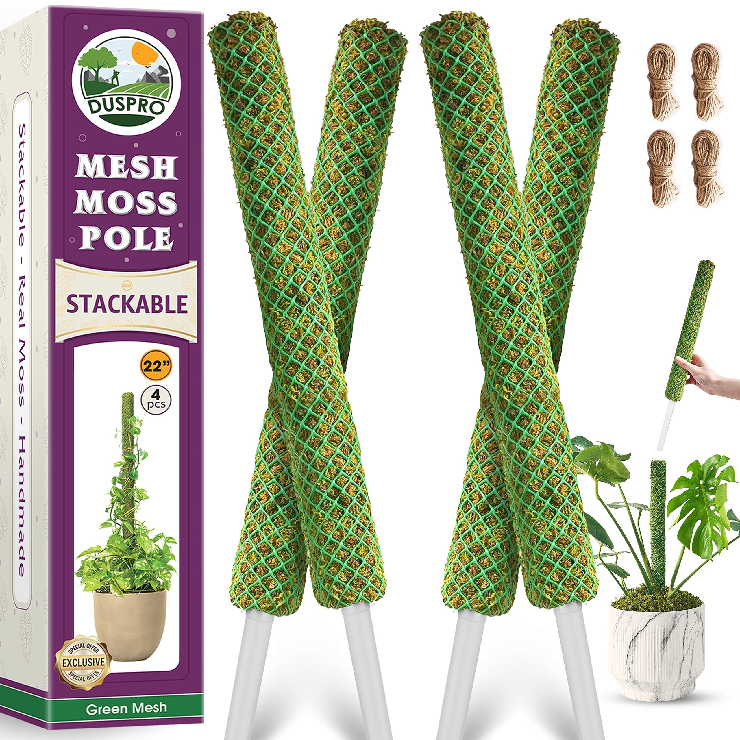 Duspro green stackable moss pole setup supports climbing vines indoors.