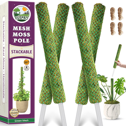 Duspro green stackable moss pole setup supports climbing vines indoors.