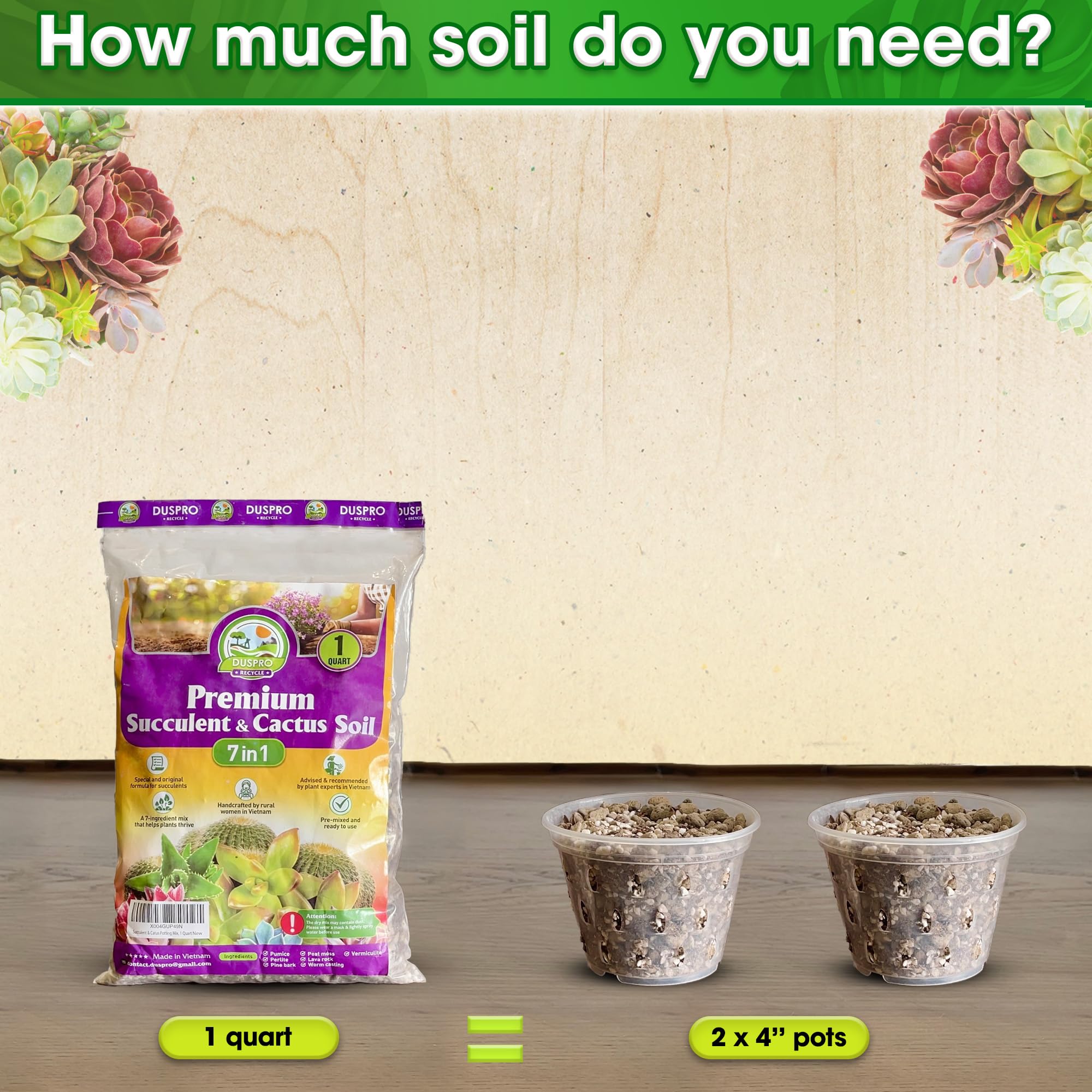 Duspro indoor-outdoor succulent soil suitable for desks, patios, or terrariums.