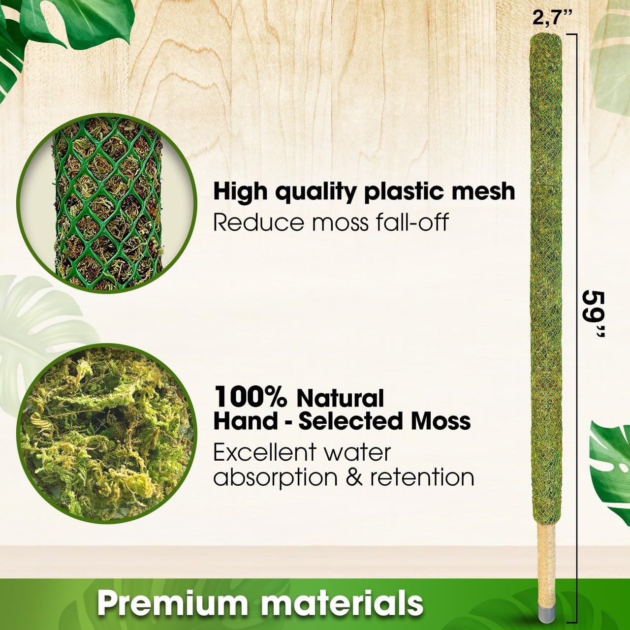 Duspro moss pole shown in indoor and outdoor settings for tall plant support