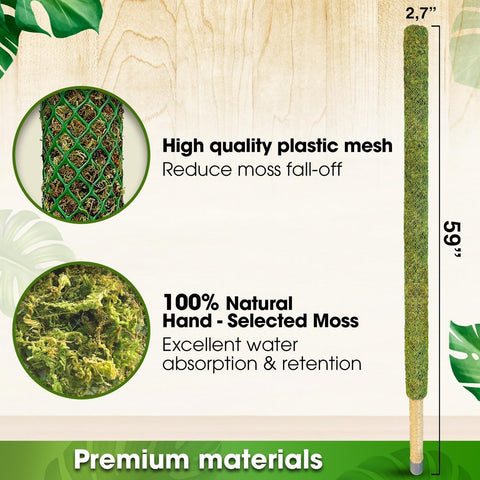 Duspro moss pole shown in indoor and outdoor settings for tall plant support