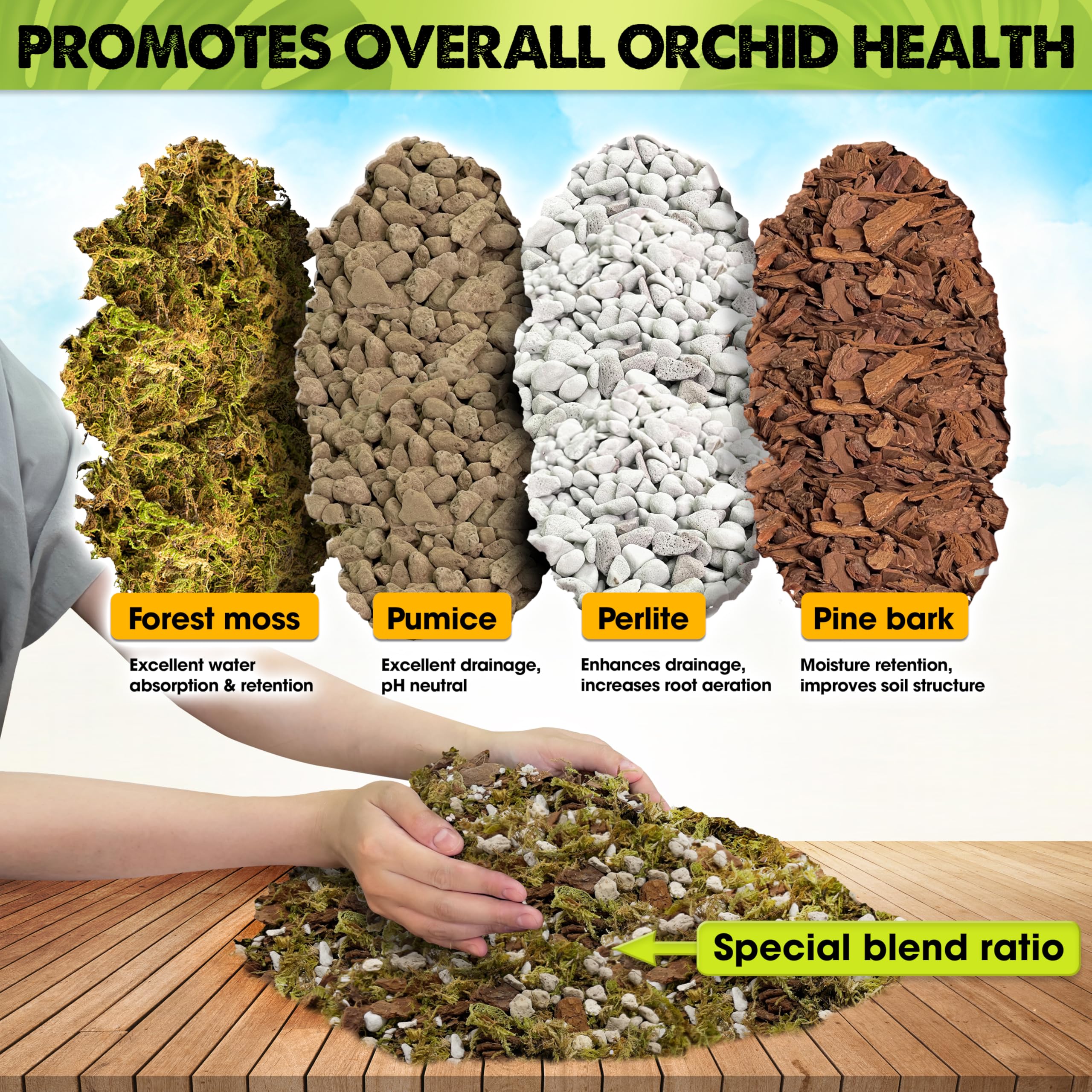 Duspro orchid mix with forest moss and pine bark improves moisture balance.