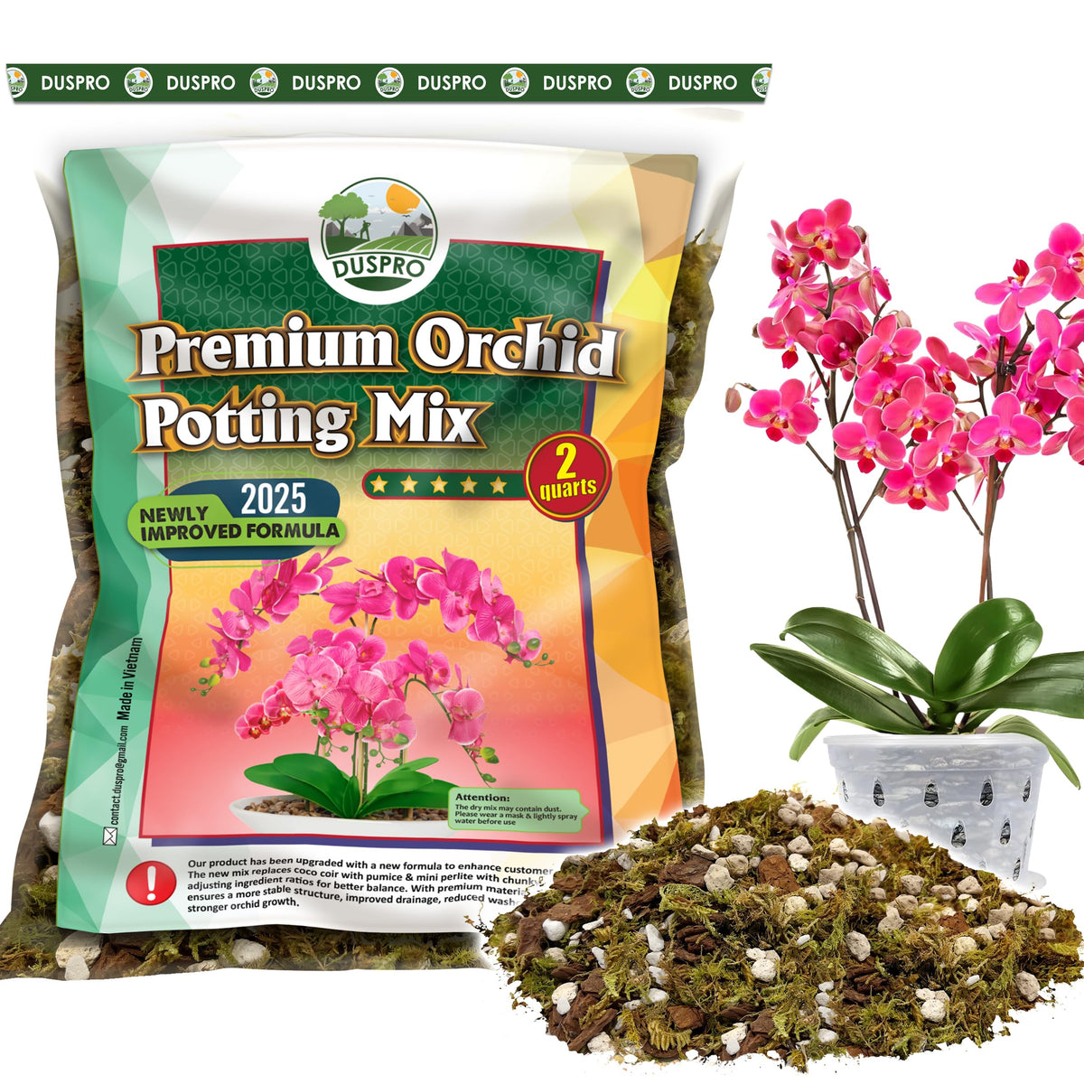 Duspro orchid mix with forest moss for balanced moisture and healthy root growth