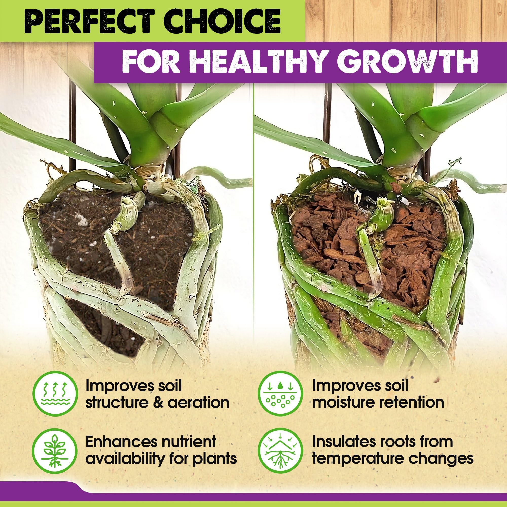 Duspro orchid potting base mix illustrates versatile use with moss or coco fiber.