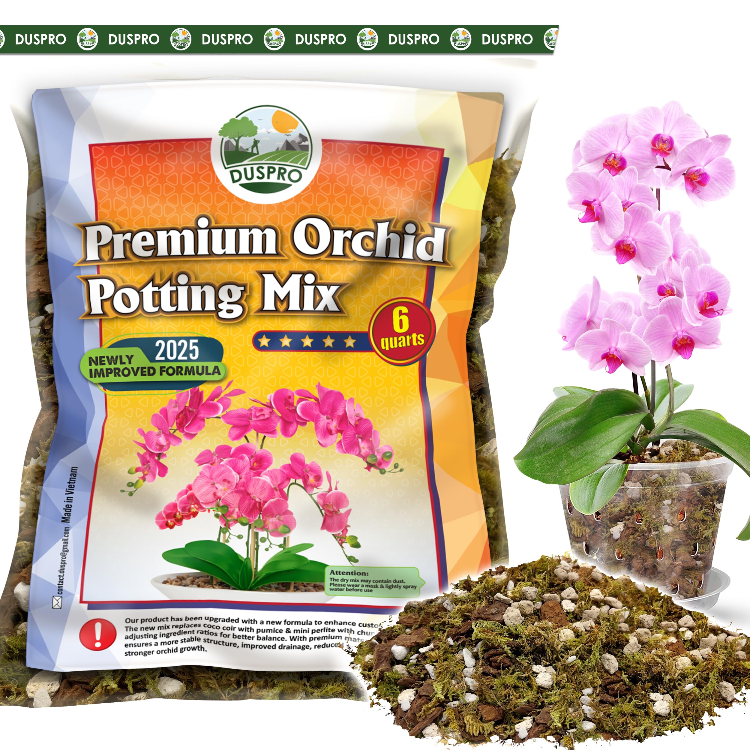 Duspro orchid potting mix with forest moss enhances moisture retention and root health.